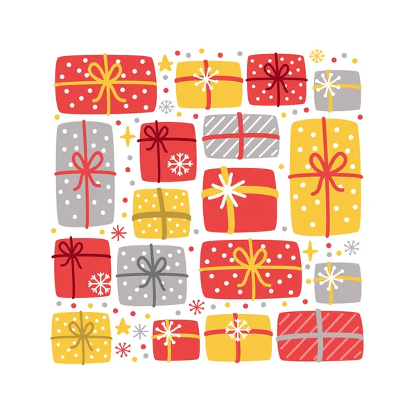 Carino tutto quello che voglio per lo sfondo di Natale con scatole regalo di Natale disegnate a mano e fiocchi di neve — Vettoriale Stock
