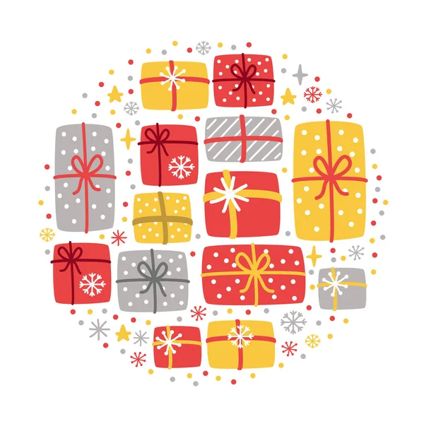 Симпатичные все, чего я хотел на Рождество фон с нарисованными вручную рождественскими подарочными коробками и снежинками — стоковый вектор