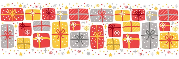 Lindo todo lo que quiero para fondo de Navidad con cajas de regalo de Navidad dibujadas a mano y copos de nieve — Vector de stock