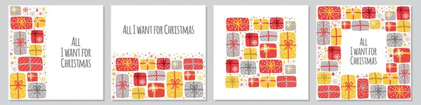 Leuke set van alles wat ik wil voor kerst achtergronden met hand getekende kerst aanwezig dozen en sneeuwvlokken — Stockvector