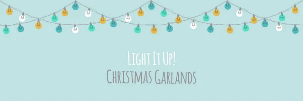 Cute vintage Christmas design with hand drawn light bulb garlands horizontal banner backround, template for banner, card or flyer, vector illustration — Stock Vector