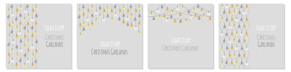 Set of cute vintage Christmas designs with hand drawn light bulb garlands backround — Stock Vector