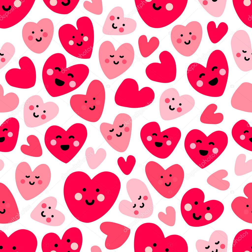 Cute childish seamless pattern background with funny kawaii cartoon characters of hearts
