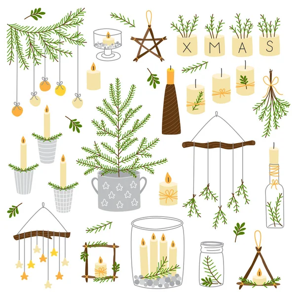 Schattige Scandinavische set vintage kerst- en nieuwjaarselementen zoals houten ster, kerstboom, kaarsen, metselaarspotten en etc. — Stockvector