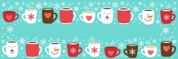 Bonito Hot Drinks fundo horizontal com canecas aconchegantes desenhadas à mão — Vetor de Stock