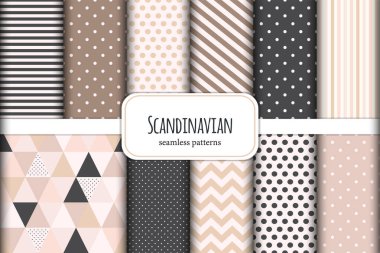 Tarafsız palet renklerinde şirin İskandinav geometrik desenler kümesi, vektör illüstrasyonu
