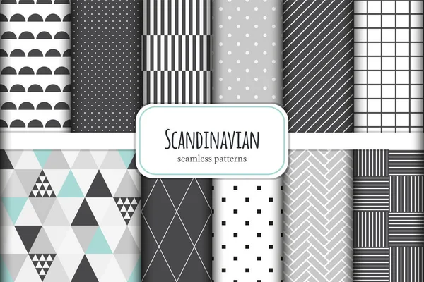 Cute set of Scandinavian geometric seamless patterns in neutral palette colors, vector illustration — Stock Vector