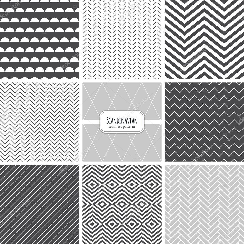 Cute set of Scandinavian geometric seamless patterns in neutral palette colors, vector illustration