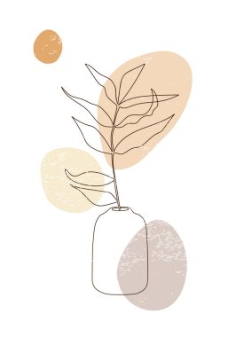 Çizgi sanatı vazoda soyut geometrik şekiller ve grunge dokusuyla ayrılır, vektör yaz günbatımı illüstrasyonu