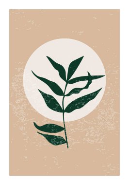 Yaprakları grunge dokusunda asgari dal, vektör yaz günbatımı illüstrasyonu