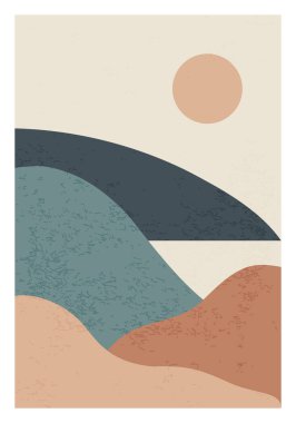 Moda minimalist manzara soyut çağdaş kolaj, dağlar göl batımı duvar resmi poster tasarımı