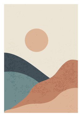 Moda minimalist manzara soyut çağdaş kolaj, dağlar göl batımı duvar resmi poster tasarımı