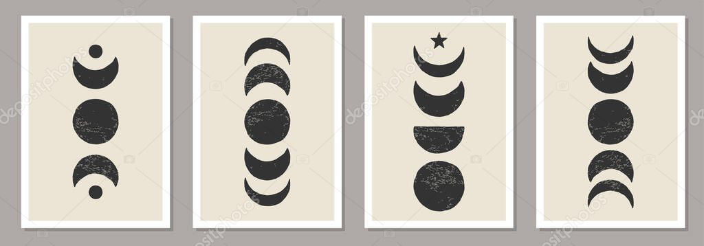 Trendy set of Moon Phases abstract contemporary aesthetic posters, wall art decor, mid century modern minimalist art print background, organic shapes, magic concept