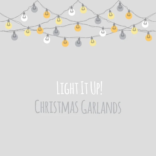 Cute vintage Christmas backround with hand drawn light bulb garlands — Stock Vector