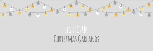 Cute Christmas hand drawn light bulb garlands horizontal banner background — Stock Vector