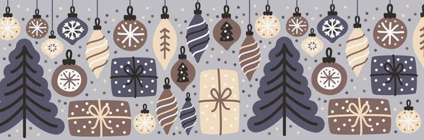 Симпатичный уютный фон рождественского баннера с нарисованными вручную рождественскими шарами — стоковый вектор