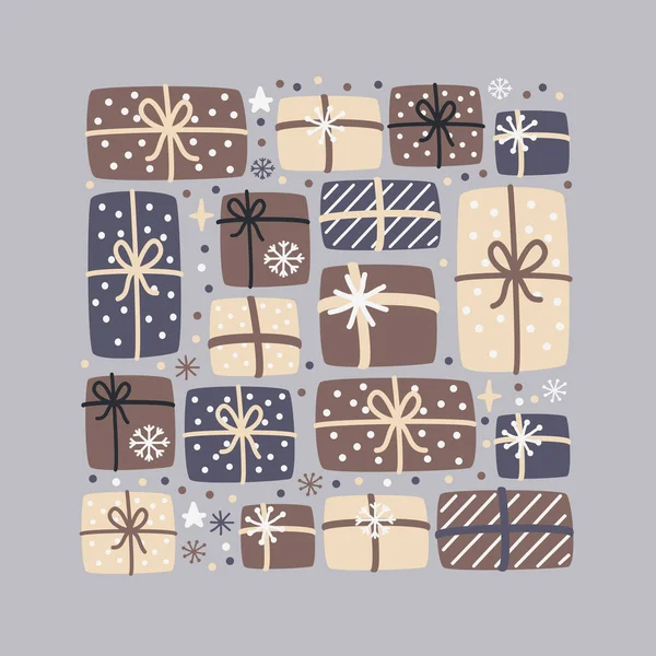 Fond de Noël mignon avec boîtes cadeaux dessinées à la main et flocons de neige — Image vectorielle
