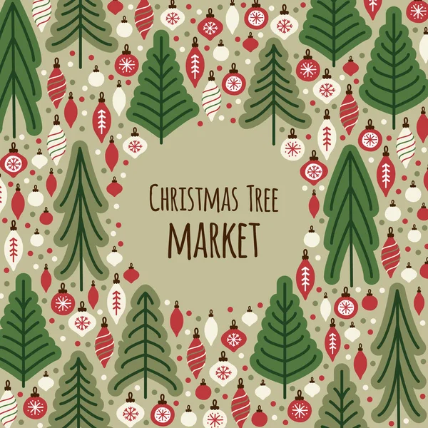 Söt skandinavisk julgransmarknad bakgrund med granar — Stock vektor