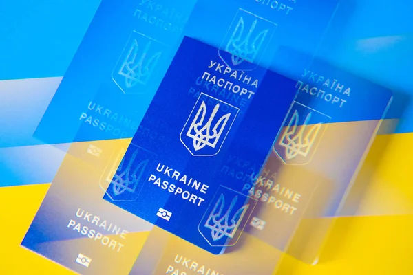 Pasaporte en el fondo de la bandera de Ucrania Fotos De Stock