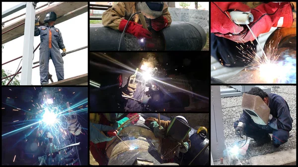 Collage Made Photos Industrial Welders Work Various Situations — Stock Photo, Image