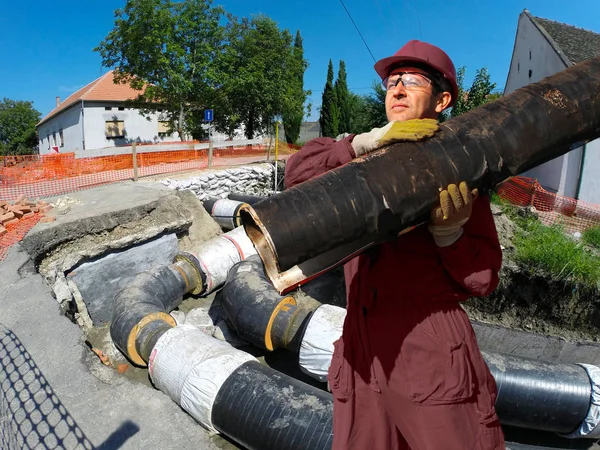 Construction Worker Action City Heating Pipeline Construction Site — Stock Photo, Image