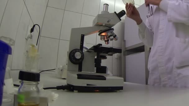 Minőségellenőrzés Mérnök Dolgozik Szakmai Mikroszkóp Laboratóriumban — Stock videók