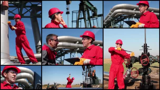 Trabajadores Del Petróleo Trabajo Situación Diferente Pantalla Dividida Vídeo — Vídeos de Stock