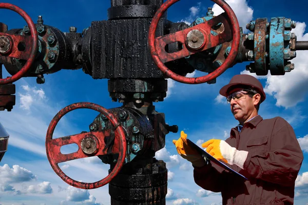 Engenheiro Com Prancheta Inspecionando Equipamentos Campo Óleo Tiro Baixo Ângulo — Fotografia de Stock