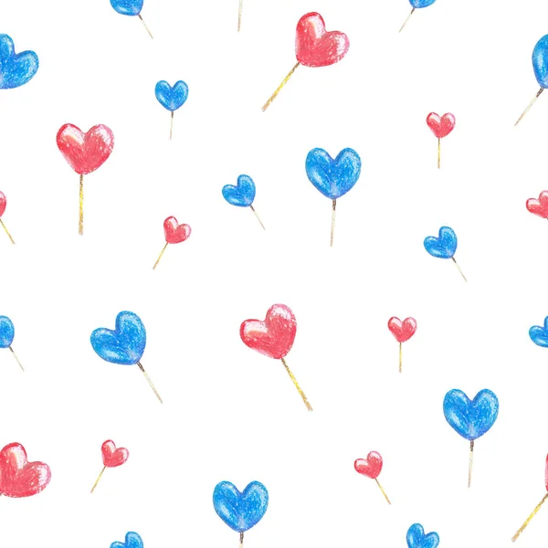 Seamless pattern of hand drawn heart lollipops. Drawn by oil pastels. Isolated on a white background