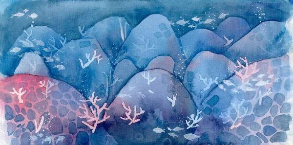 Aquarell Illustration Des Unterwasserreichs Mit Fischen Hügeln Korallen Und Blasen — Stockfoto