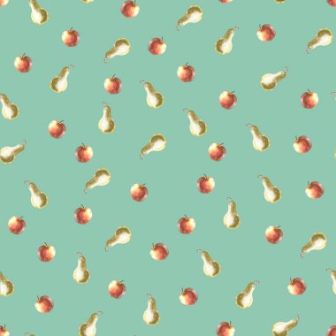 Küçük armut ve elma mavi bir arka plan suluboya sorunsuz doku