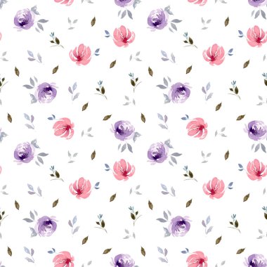 Yaprakları ile sorunsuz suluboya çiçek deseni. Beyaz bir arka plan üzerinde izole