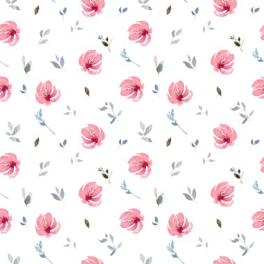 Yaprakları ile sorunsuz suluboya pembe çiçek deseni. Beyaz bir arka plan üzerinde izole