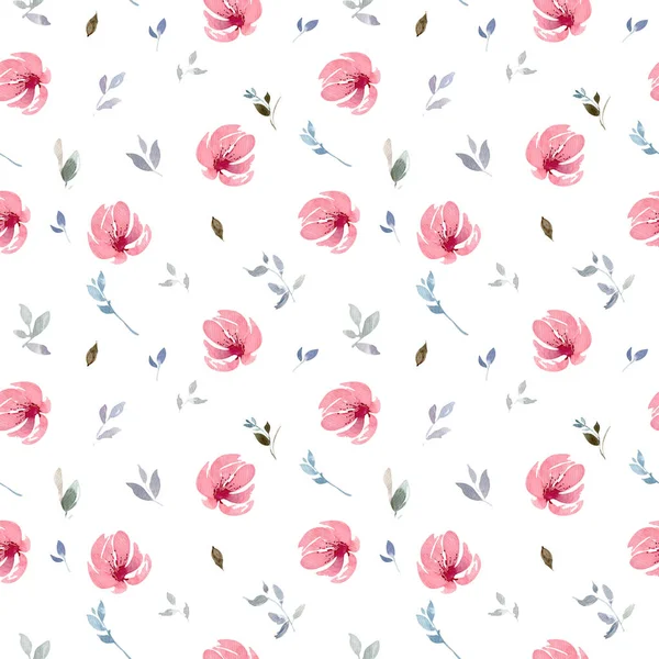 Naadloze Aquarel Roze Bloemenpatroon Met Bladeren Geïsoleerd Een Witte Achtergrond — Stockfoto