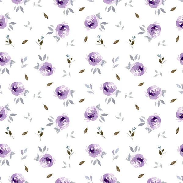Seamless watercolor purple flower pattern with leaves. Isolated on a white background