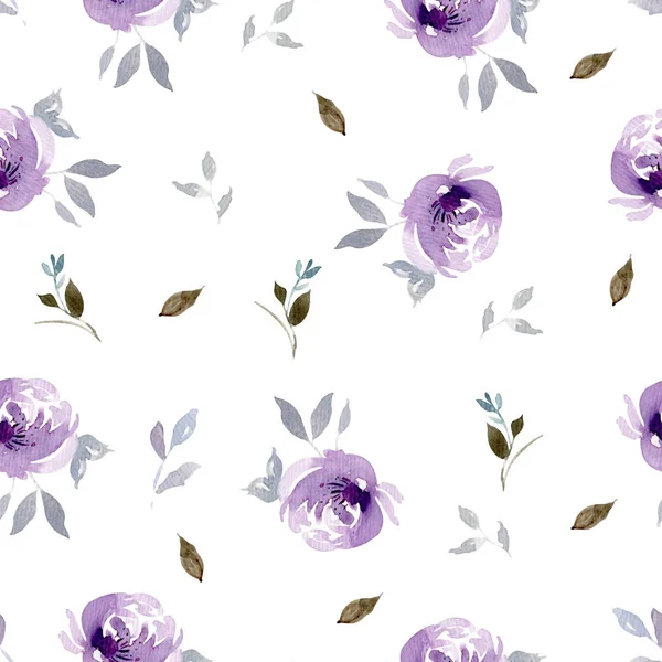 Seamless big watercolor purple flower pattern with leaves. Isolated on a white background