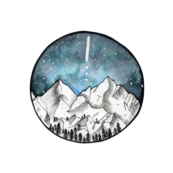 Illustration Espace Des Montagnes Été Dessinée Aquarelle Encre Isolé Sur — Photo