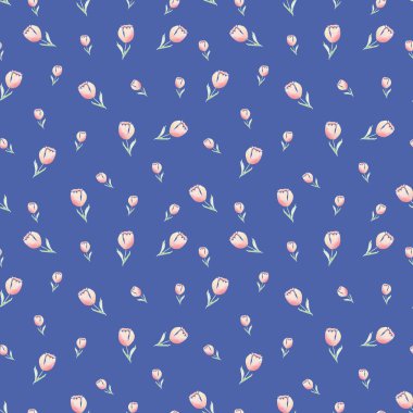 Mavi arka planda laleler ile dikişsiz suluboya deseni