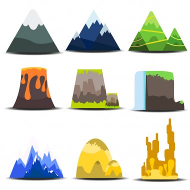 Düz tarzda çizilmiş farklı mointain simgeleri kümesi. Beyaz arka planda yalıtılmış