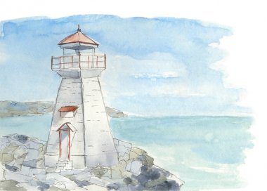 Bir kaya kıyısında bir deniz feneri suluboya illüstrasyon