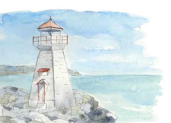 Bir kaya kıyısında bir deniz feneri suluboya illüstrasyon