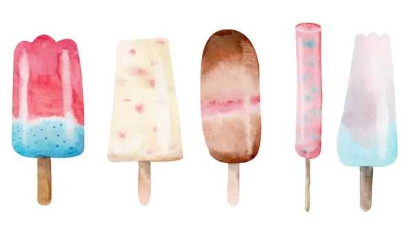 Farklı Tatlar Ile Parlak Sulu Popsicles Suluboya Seti Beyaz Arka — Stok fotoğraf