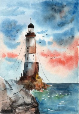 Bulutlu bir günde kuşlar ve kayalar üzerinde bir adam ile bir deniz feneri Suluboya hediye kartı