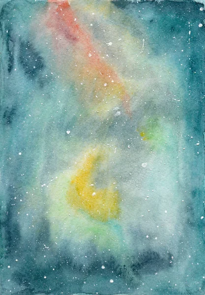 Watercolor space background with yellow, red, green and blue galaxy and a shiny stars