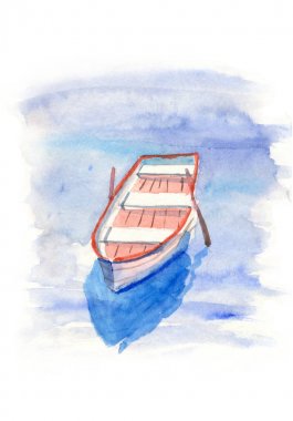 Suda kafatasları ile bir tekne suluboya Illustration. Beyaz arka planda yalıtılmış