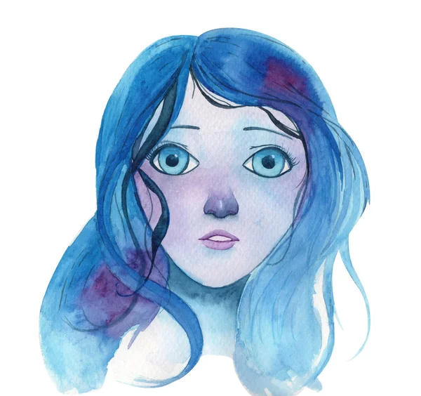 Retrato Ilustración Acuarela Una Joven Fantasía Con Cabello Ojos Azules —  Fotos de Stock