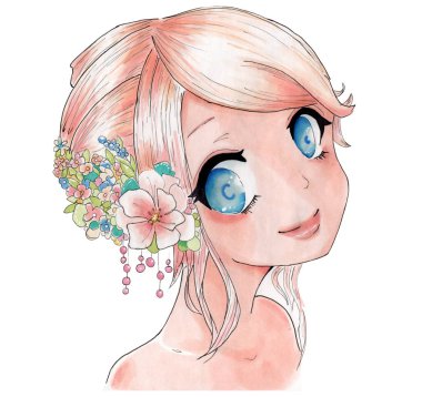  Bir çiçek mavi gözleri ve adil saçlı genç bir çekici kız İllüstrasyon. Alkol işaretleri ve astar tarafından çizilmiş. Beyaz arka planda yalıtılmış