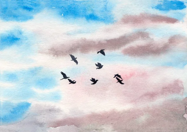 Akvarell Illustration Kraftig Molnig Himmel Med Flygande Fåglar — Stockfoto