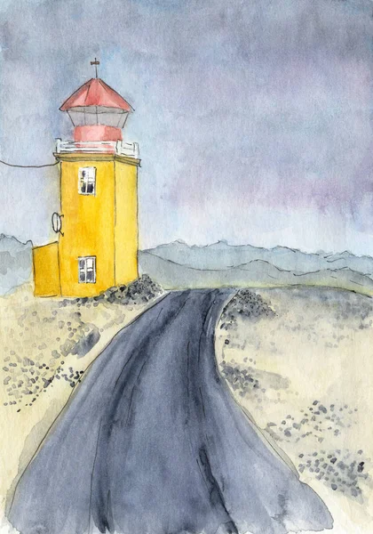 Watercolor illustration of a yellow lighthouse near road in Iceland