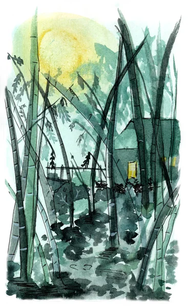 Akwarela Ilustracja Zielonego Lasu Bambusa Mały Dom Nocy — Zdjęcie stockowe